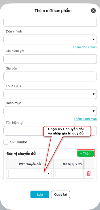 Màn hình thao tác thêm đơn vị chuyển đổi