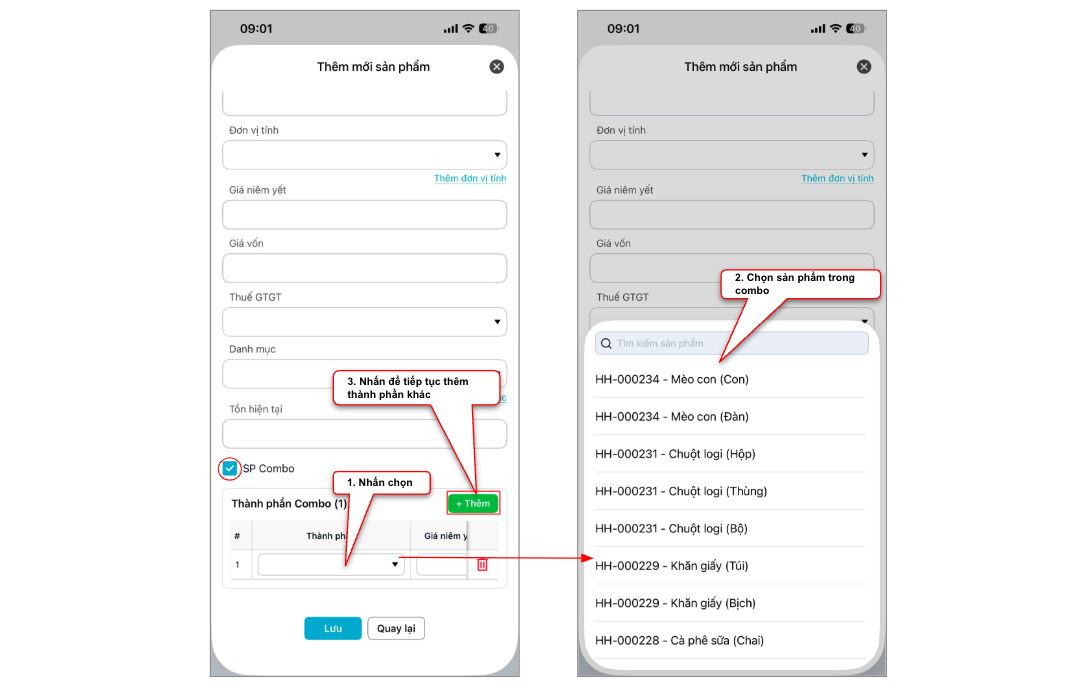 Màn hình thao tác thêm sản phẩm combo