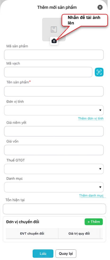 Màn hình thao tác thêm mới sản phẩm