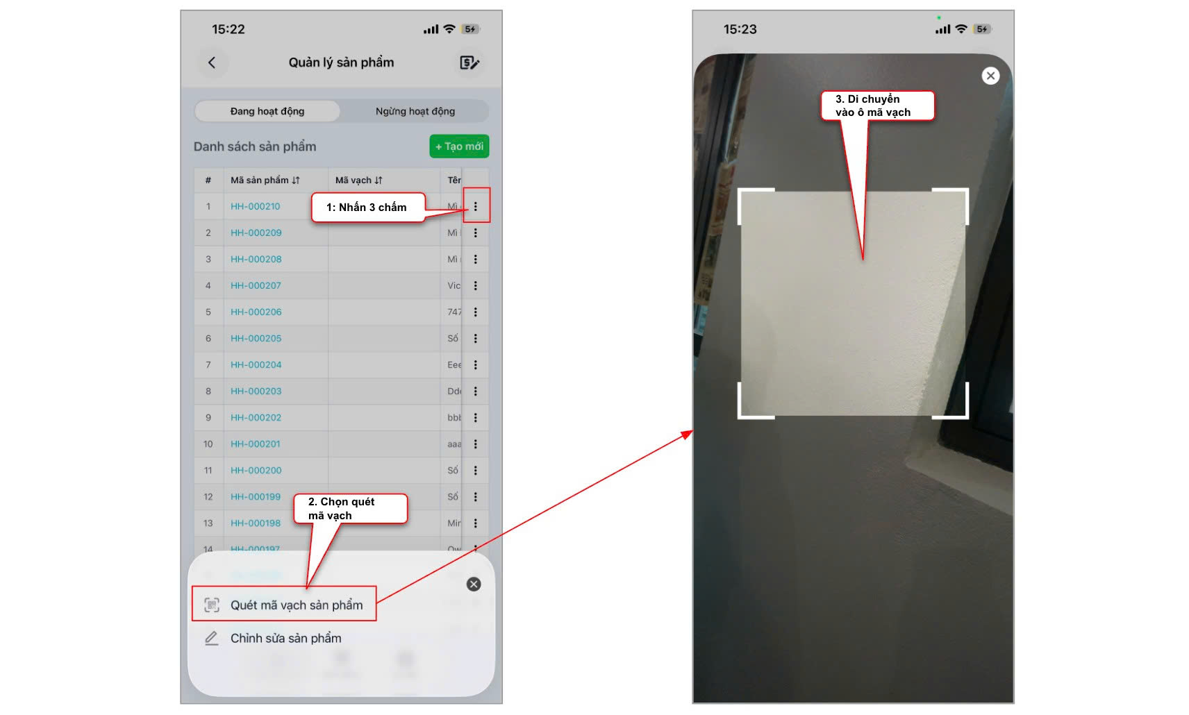 Màn hình thao tác quét mã vạch sản phẩm