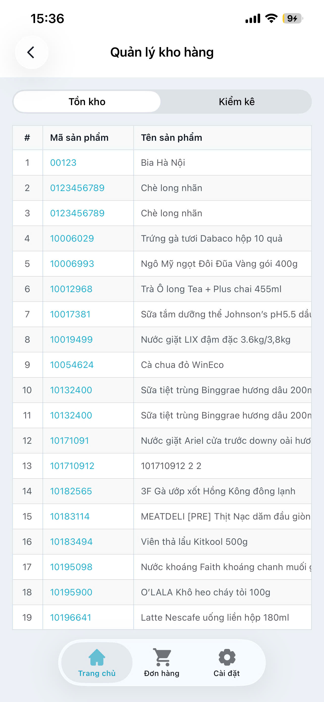 Màn hình danh sách tồn kho của sản phẩm