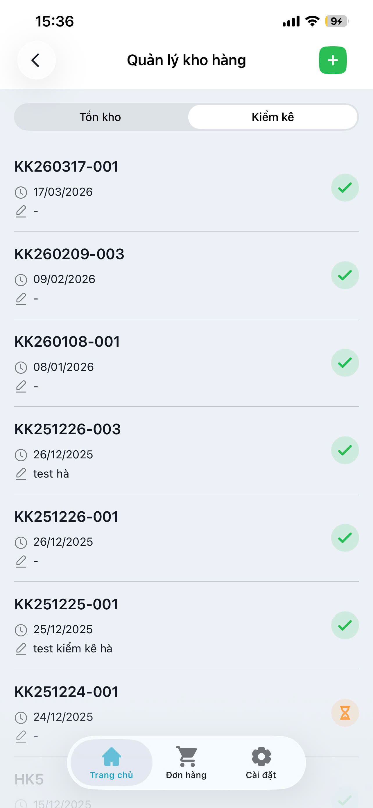 Màn hình danh sách mã kiểm kê