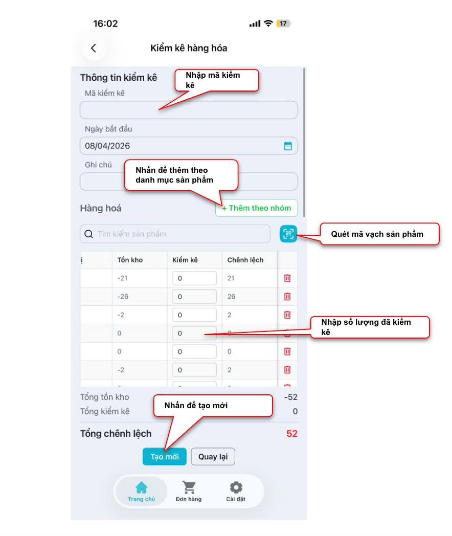 Màn hình danh sách mã kiểm kê