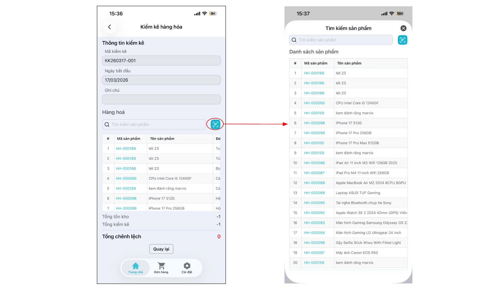 Màn hình kiểm kê hàng hoá