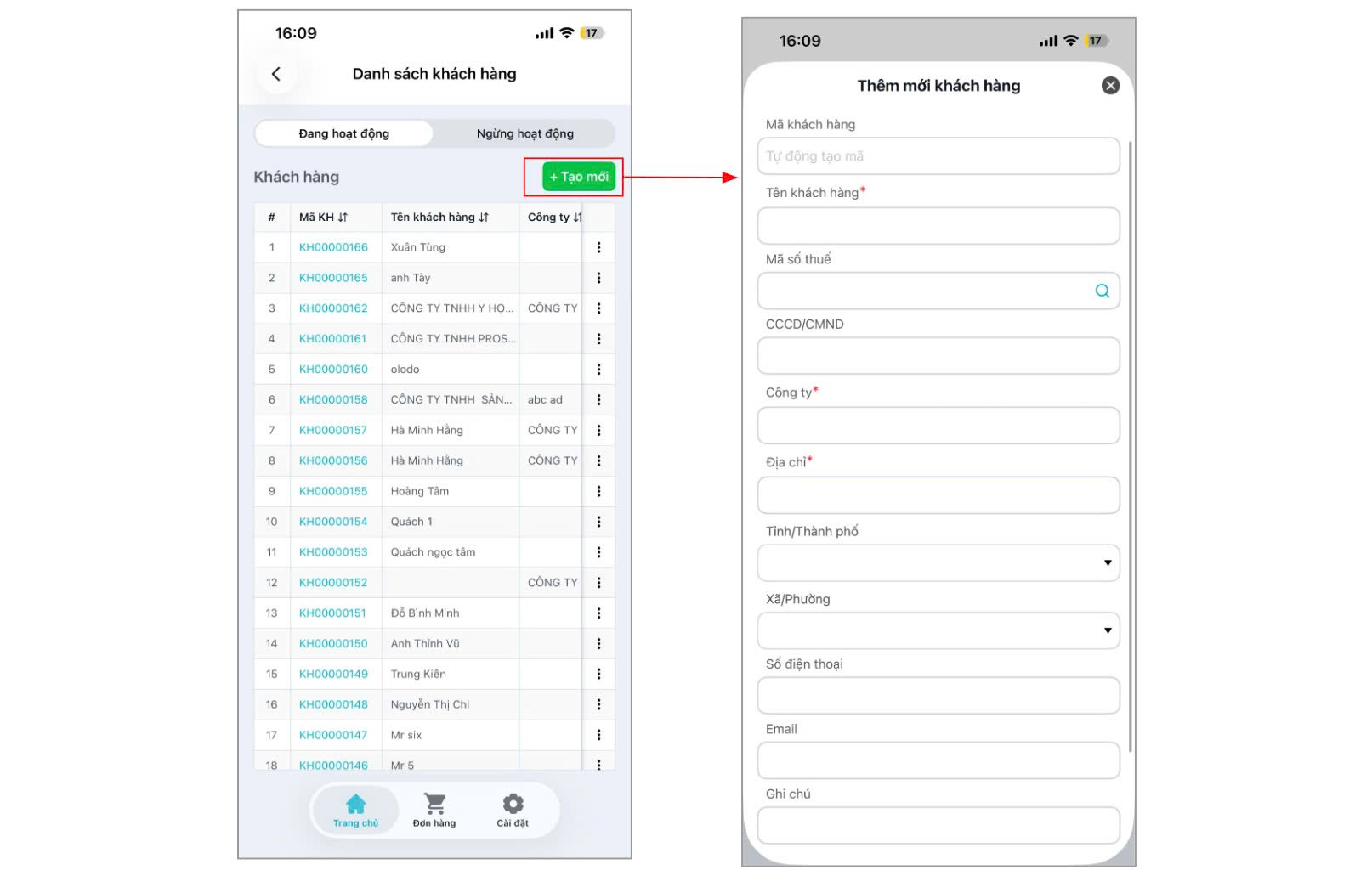 Màn hình thêm mới khách hàng