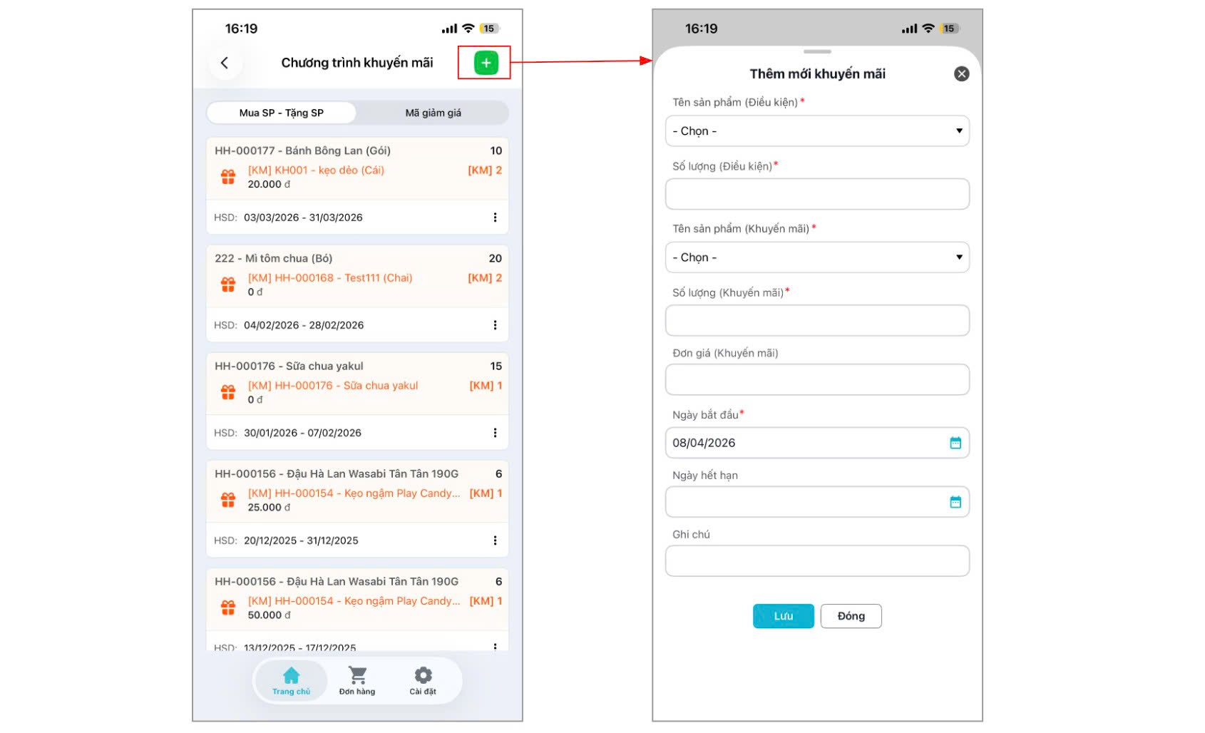 Màn hình thêm mới khuyến mại mua sp - tặng sp