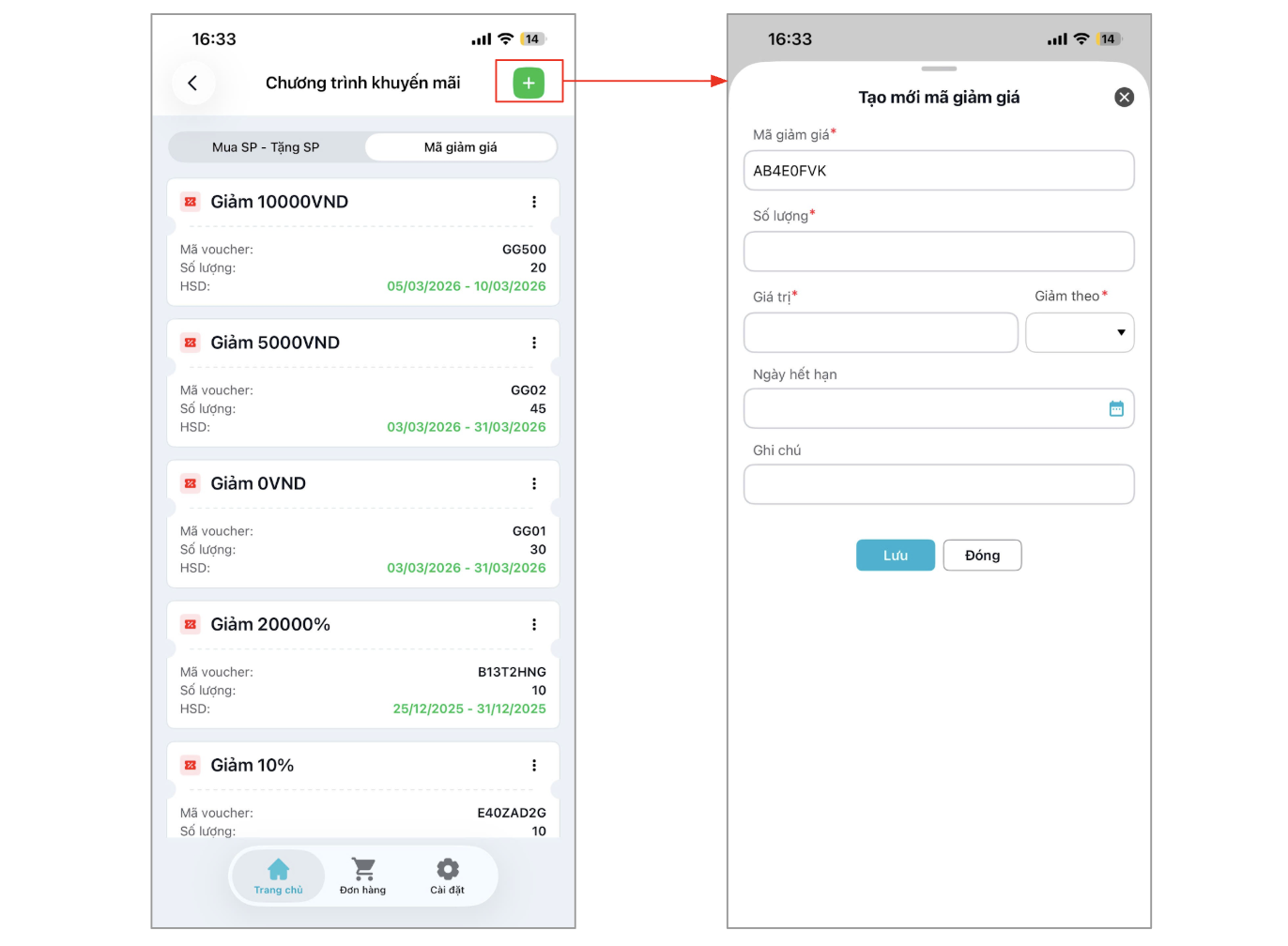 Màn hình thêm mới mã giảm giá