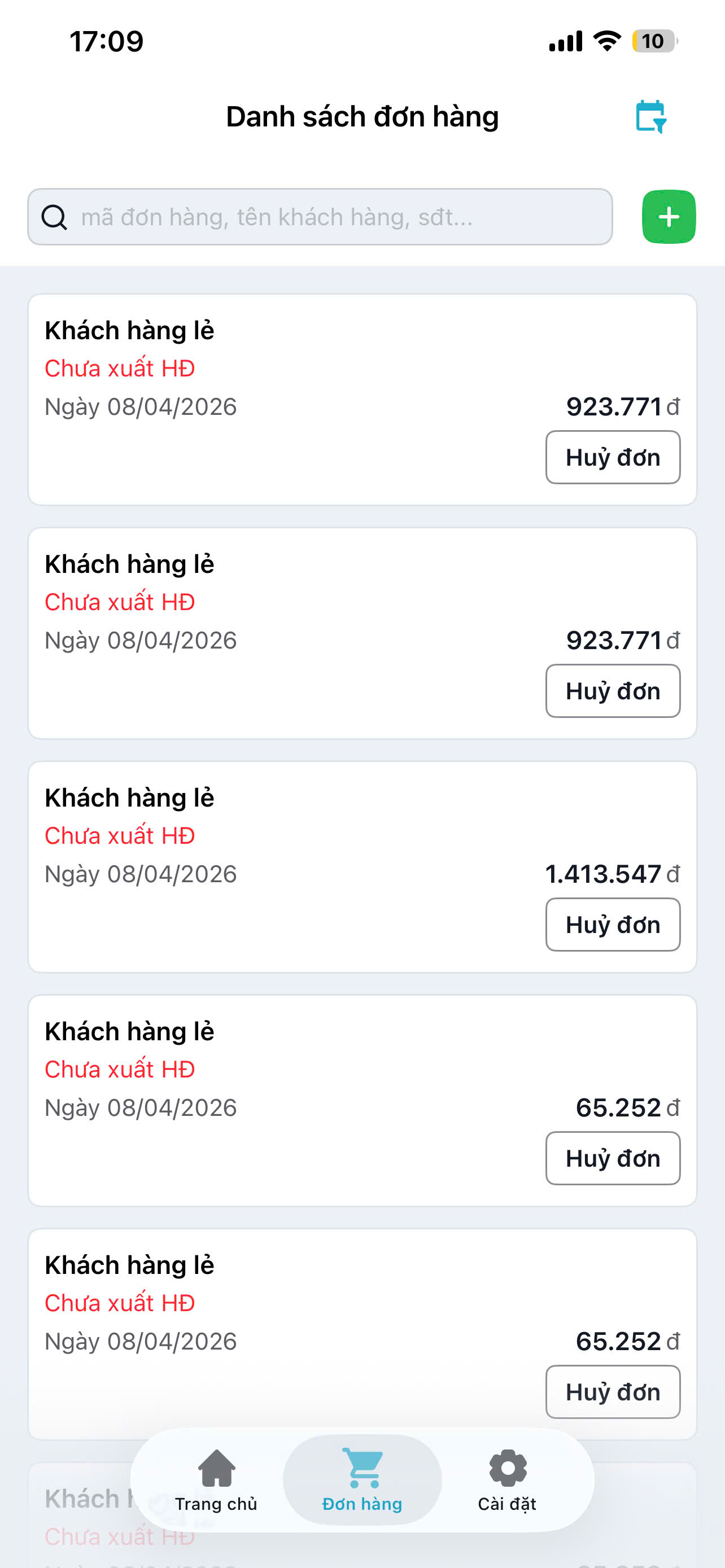 Màn hình danh sách đơn hàng