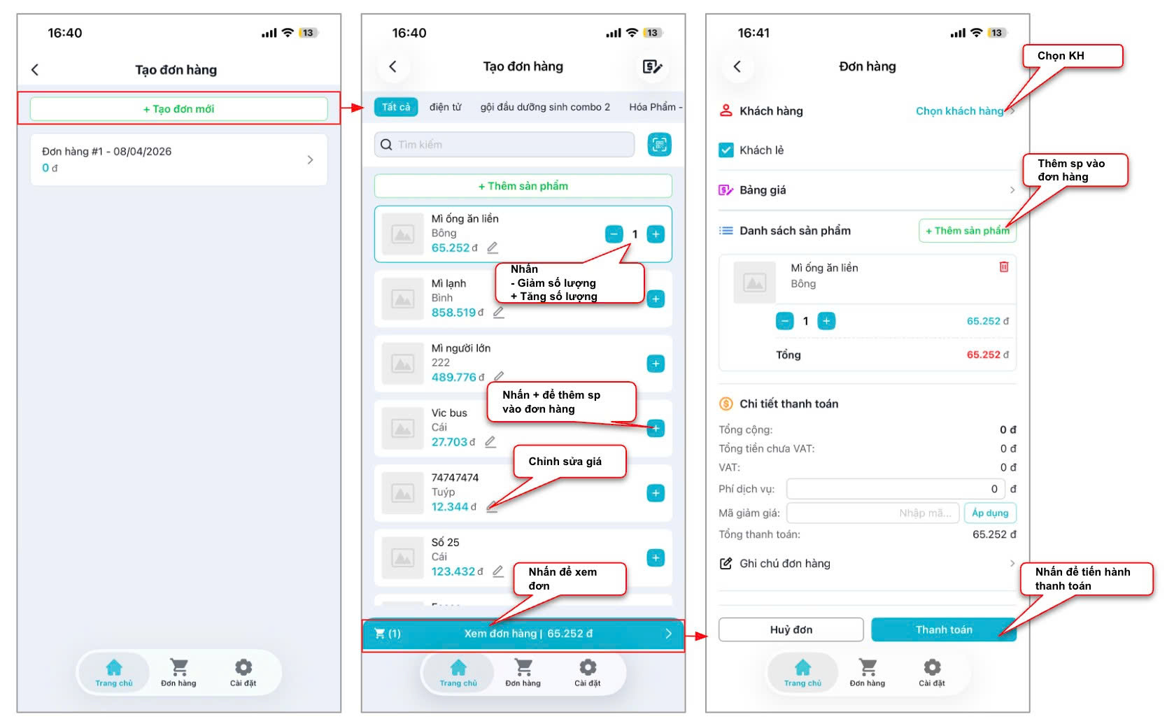 Màn hình thao tác tạo đơn hàng