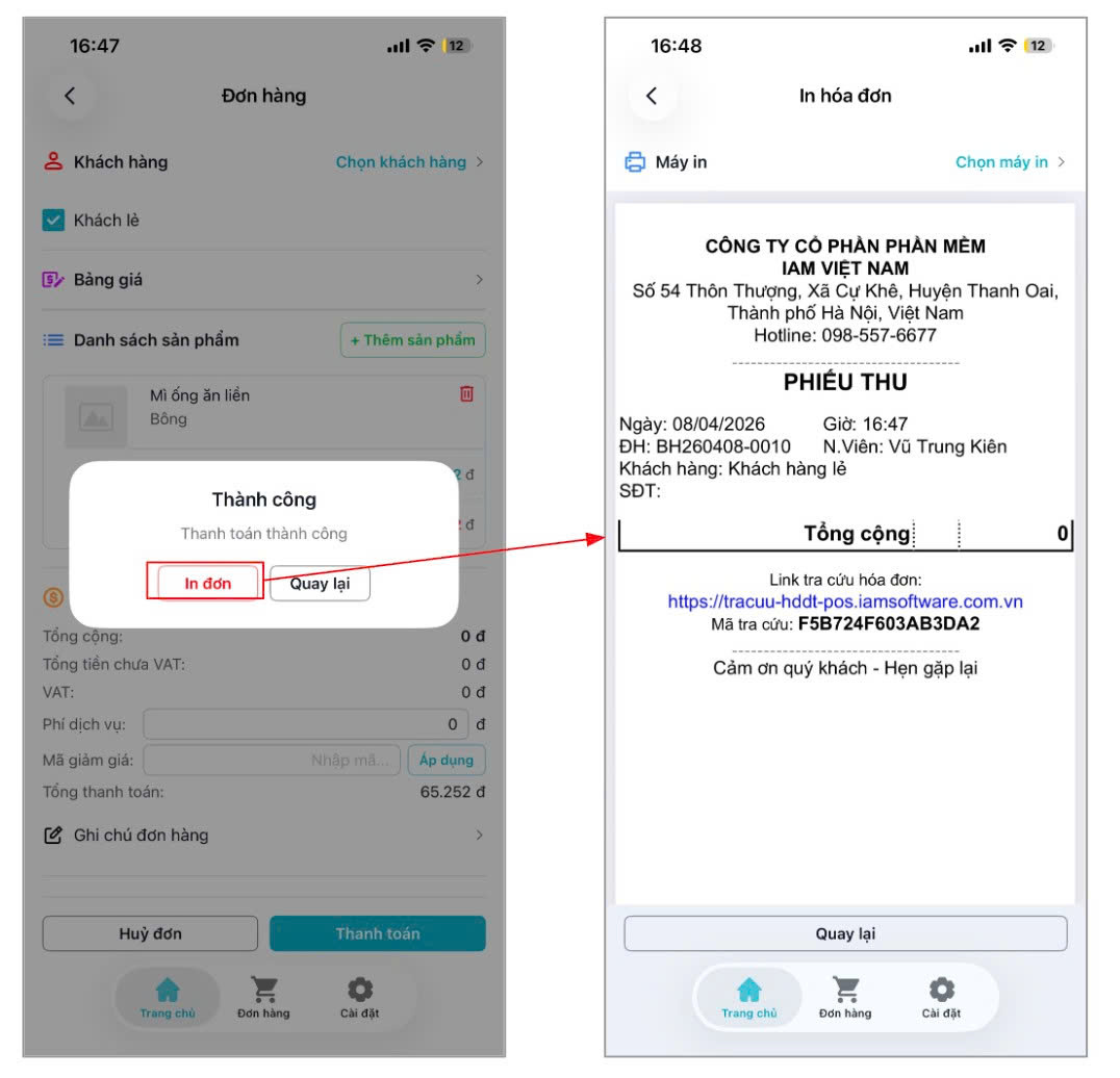 Màn hình thao tác in đơn