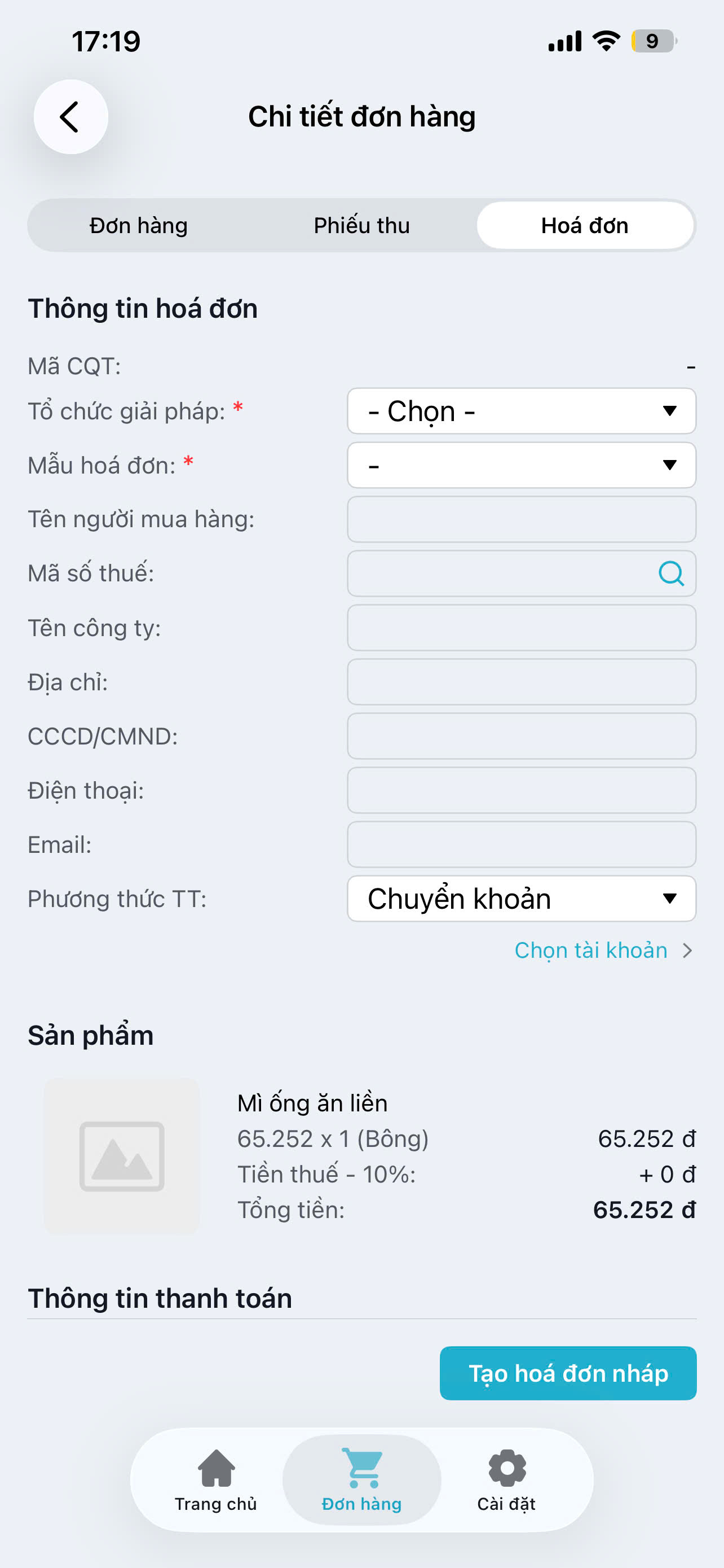 Màn hình thao tác tạo hoá đơn nháp