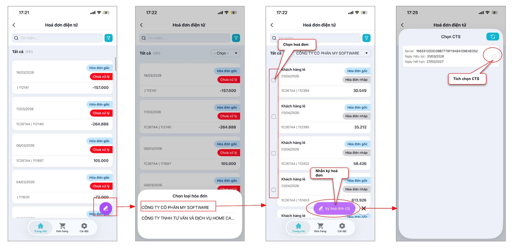 Màn hình thao tác ký hoá đơn điện tử