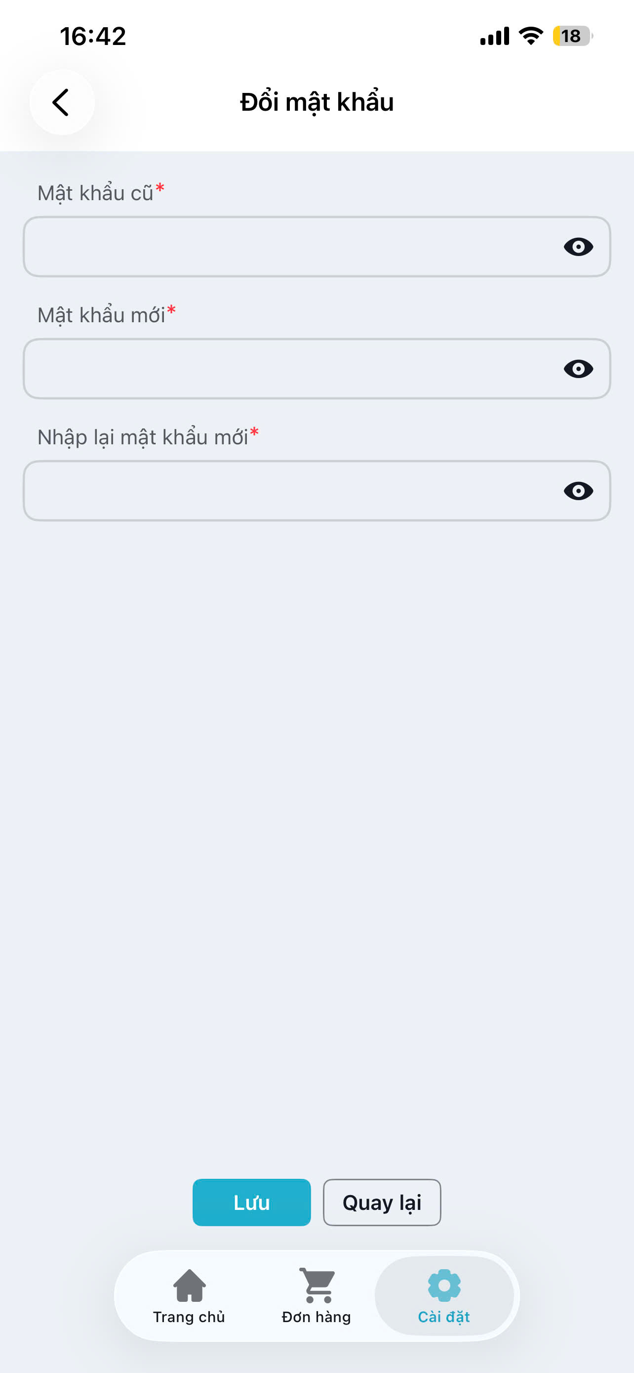 Màn hình thao tác đổi mật khẩu
