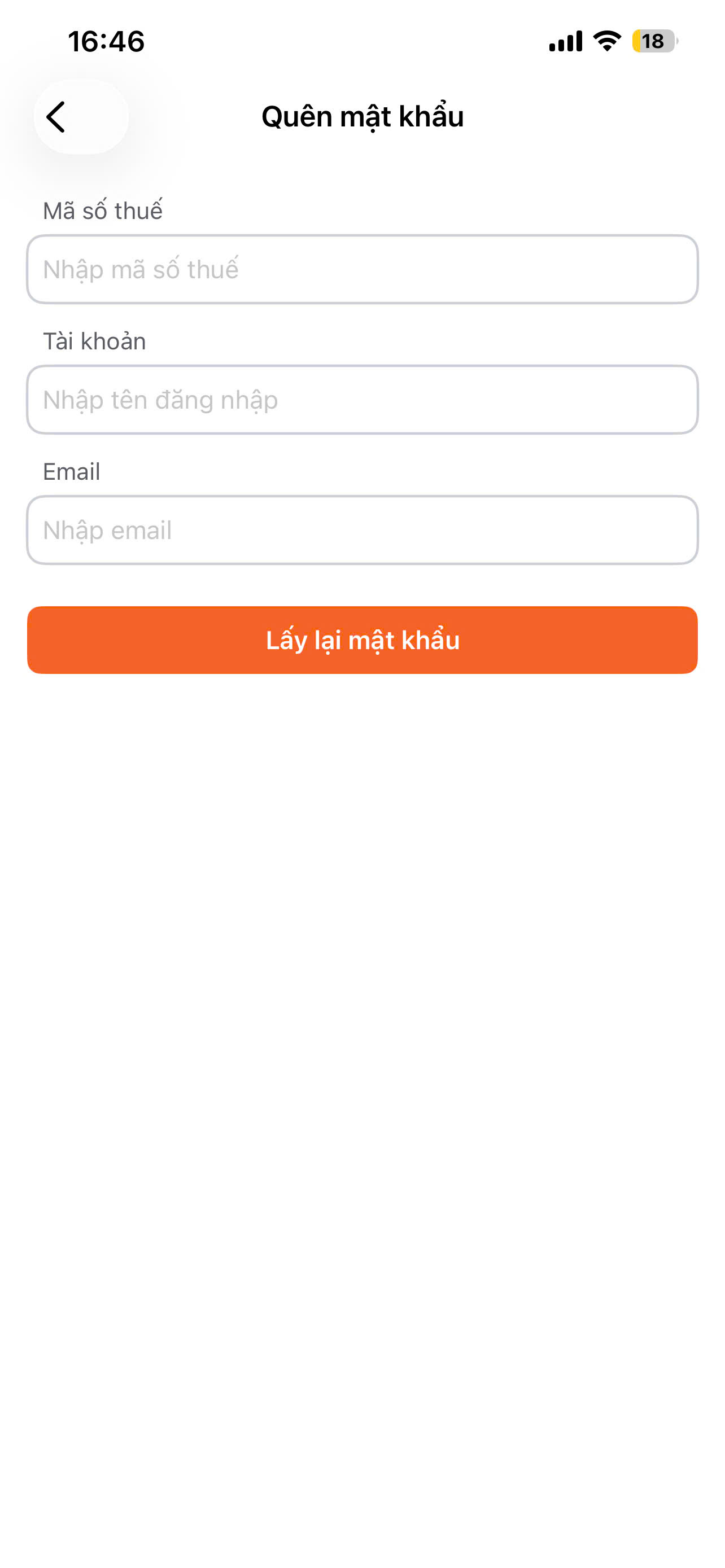 Màn hình thao tác quên mật khẩu
