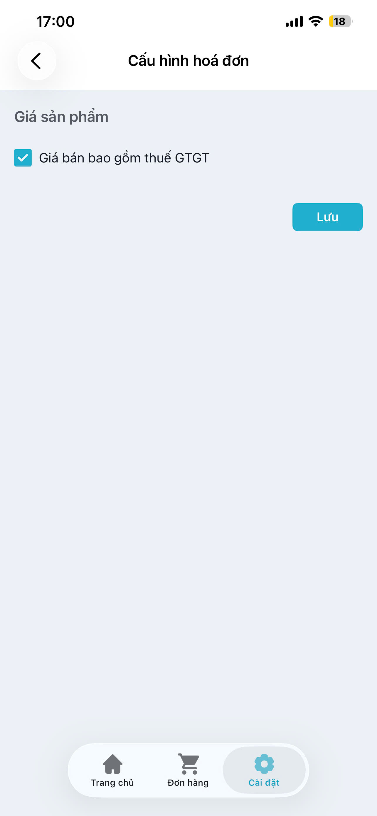Màn hình cấu hình hoá đơn