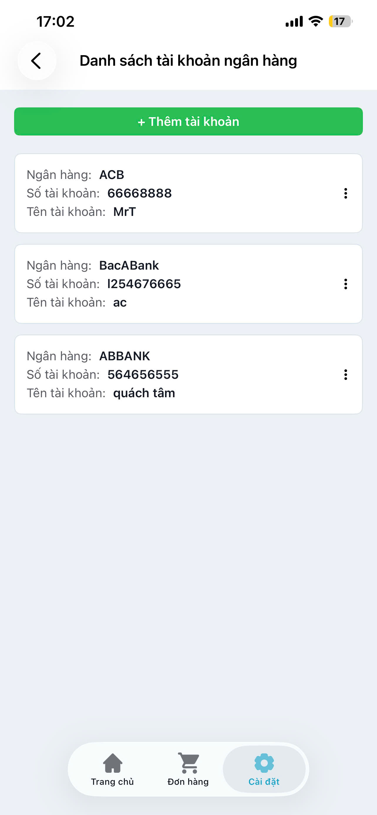 Màn hình danh sách tài khoản ngân hàng