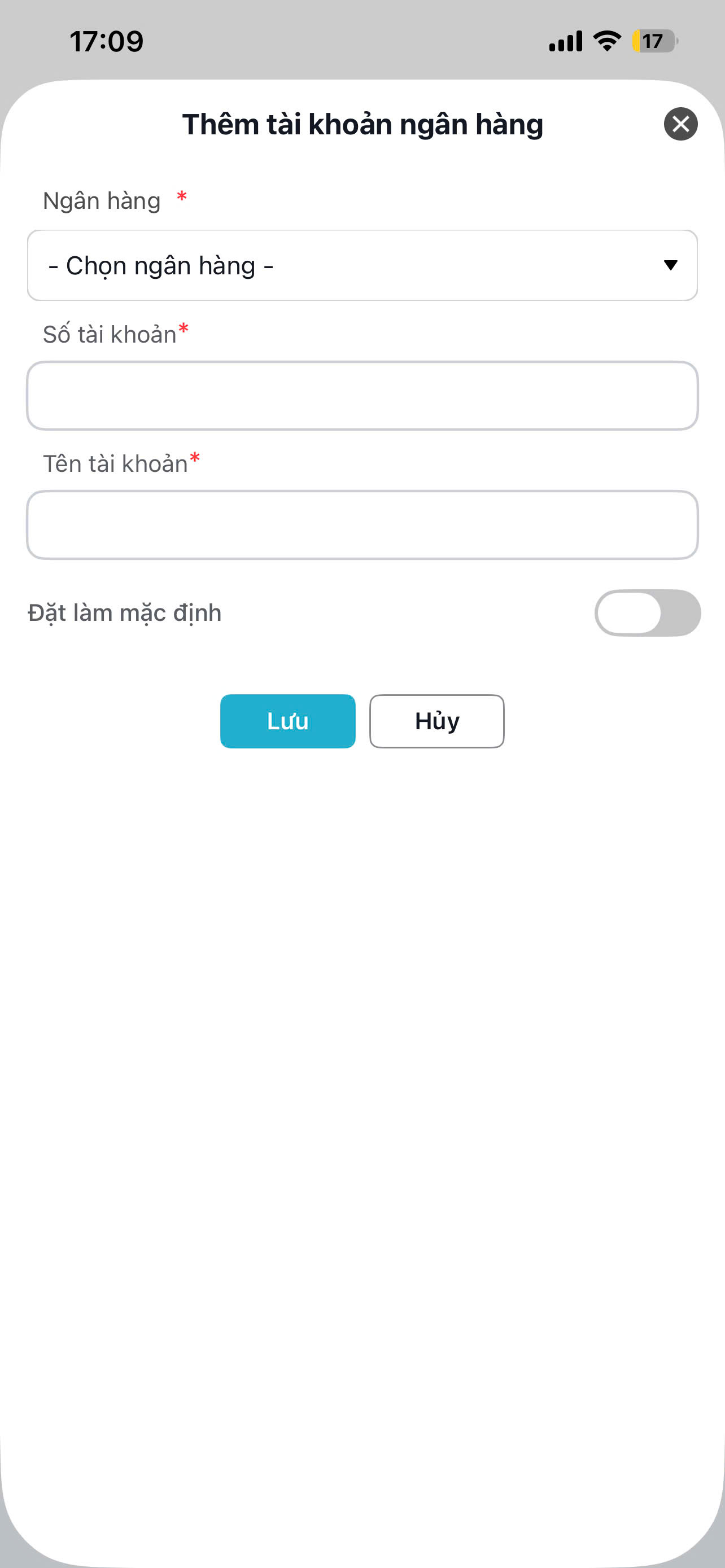 Màn hình thao tác thêm tài khoản ngân hàng