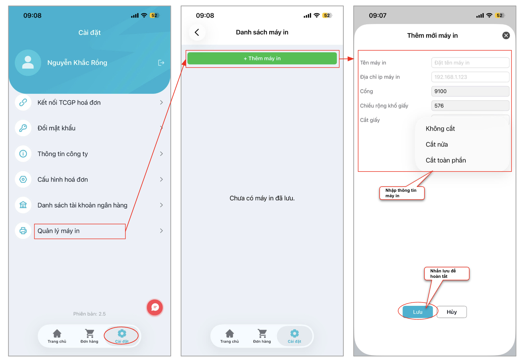 Màn hình thao tác thêm mới máy in