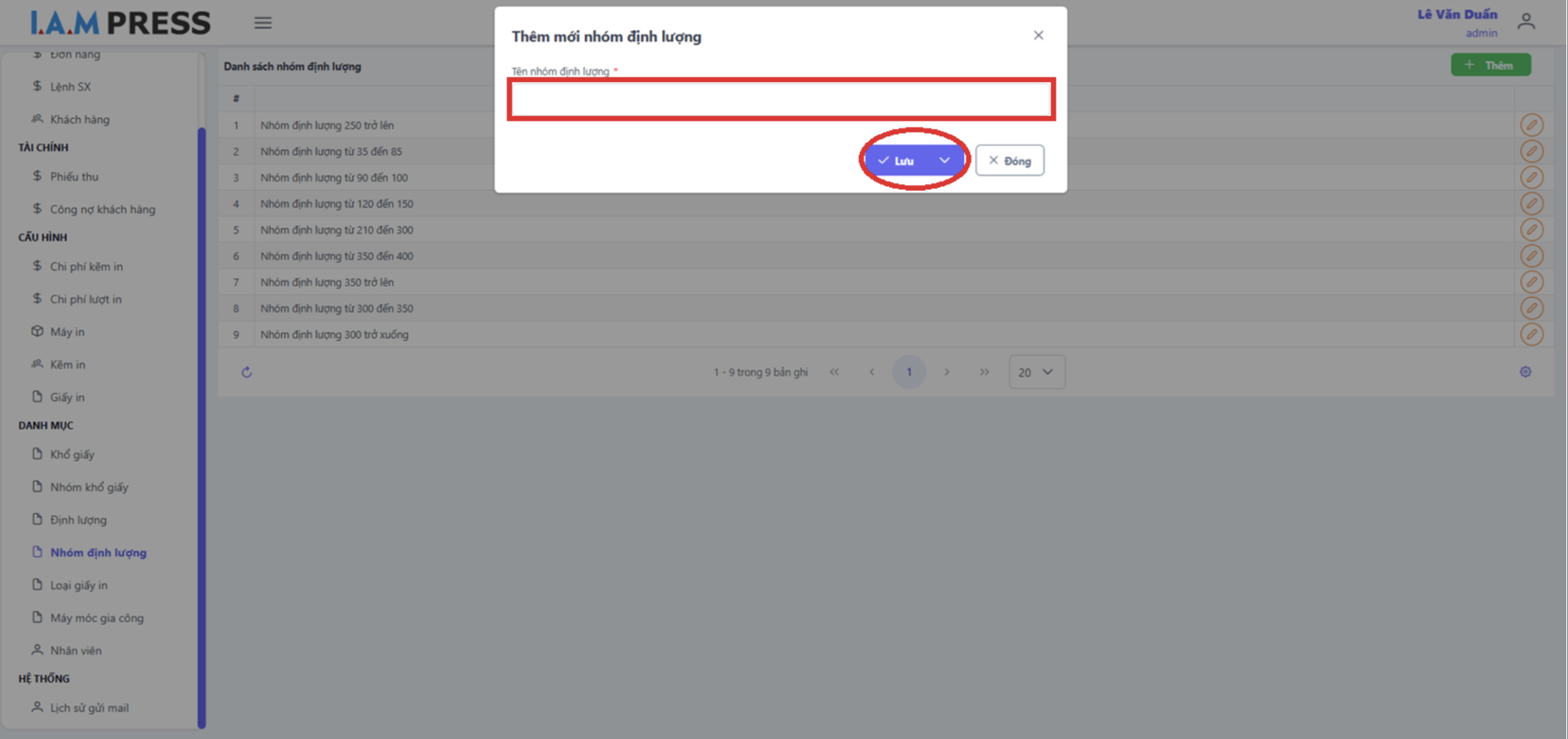 Thêm mới nhóm định lượng