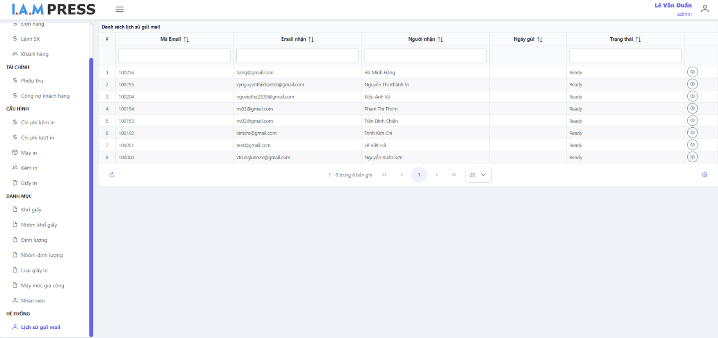 Danh sách lịch sử gửi mail