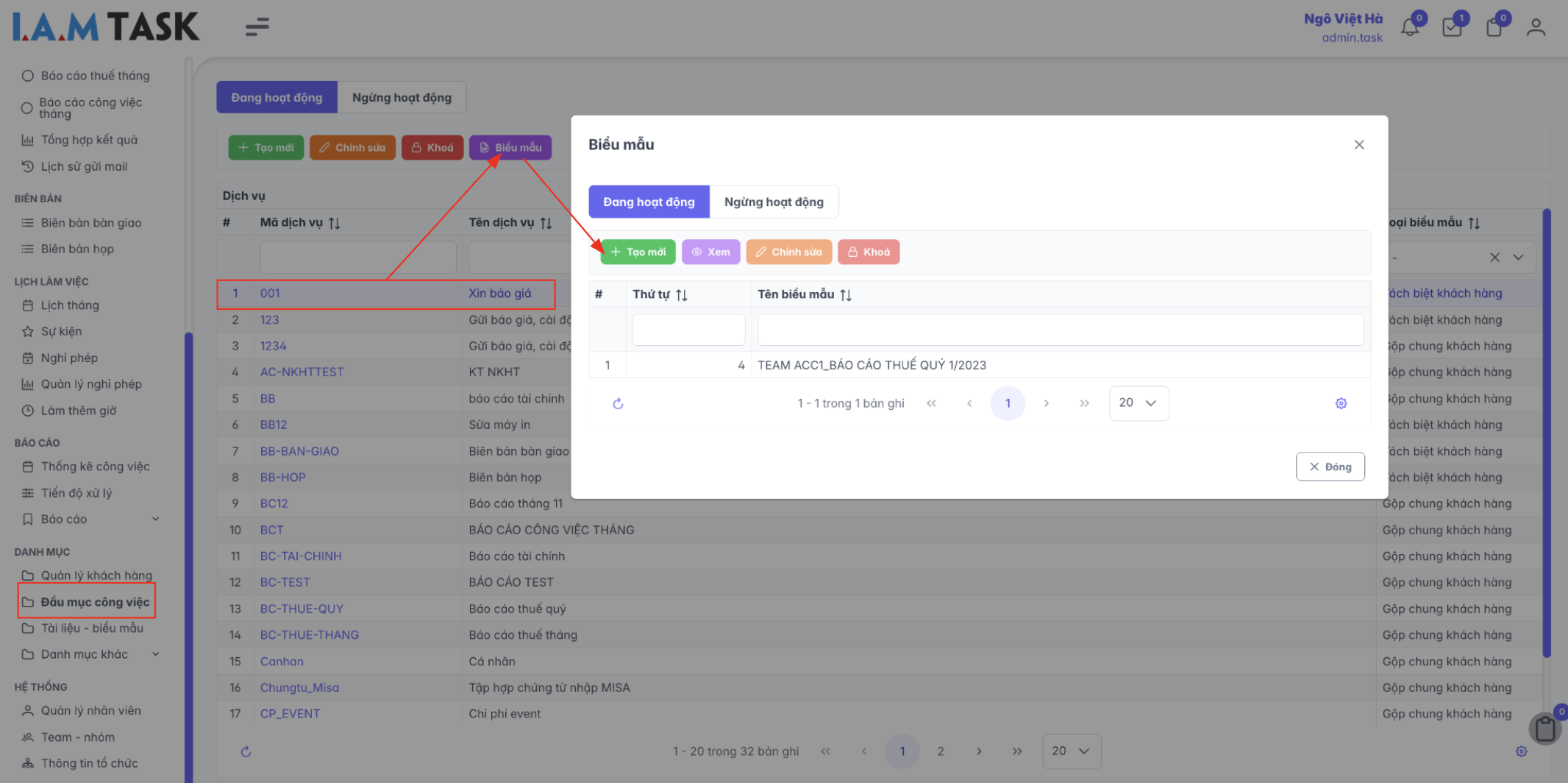 Màn hình thao tác thêm biểu mẫu cho dịch vụ