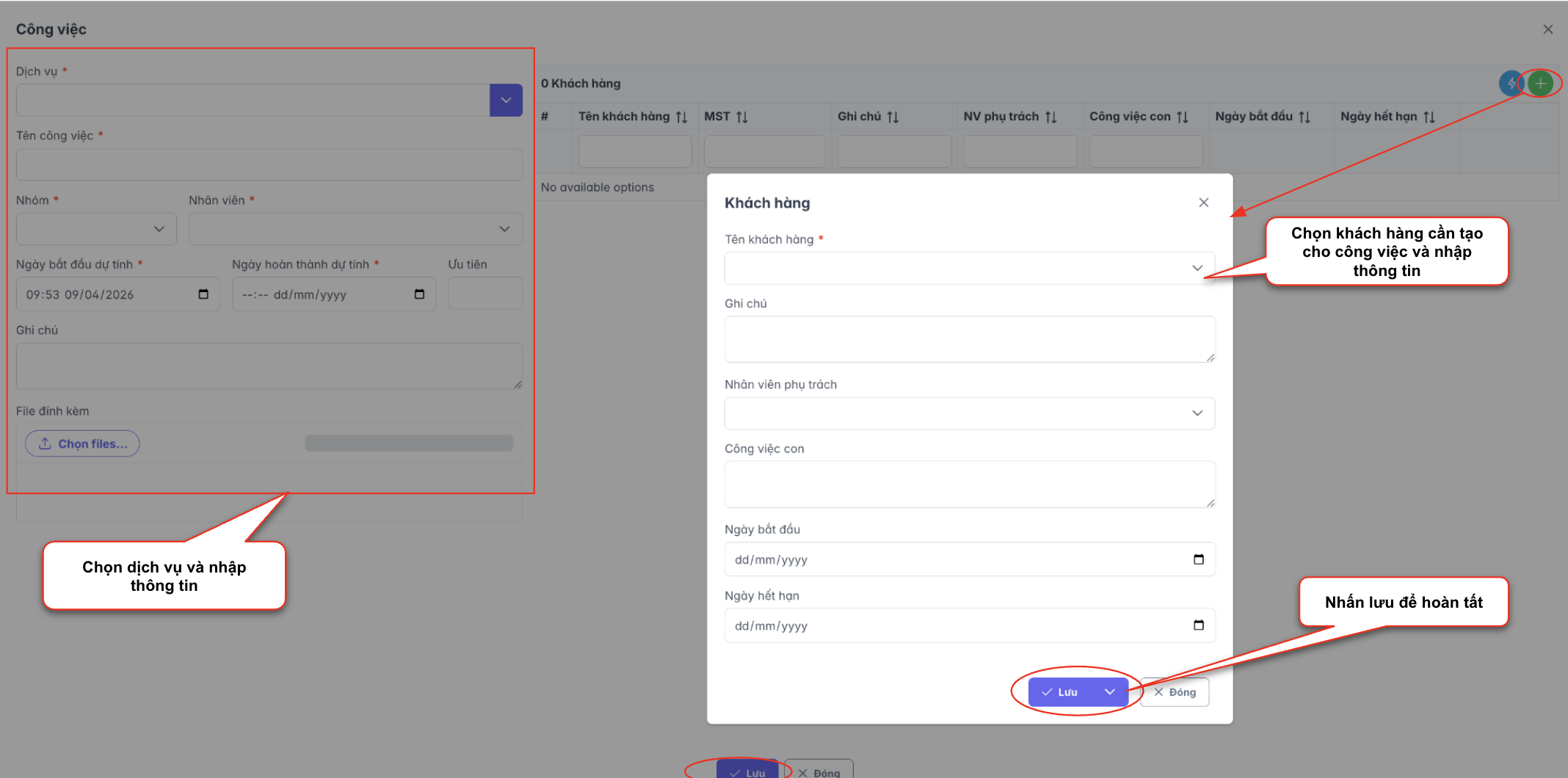 Màn hình thao tác thêm công việc