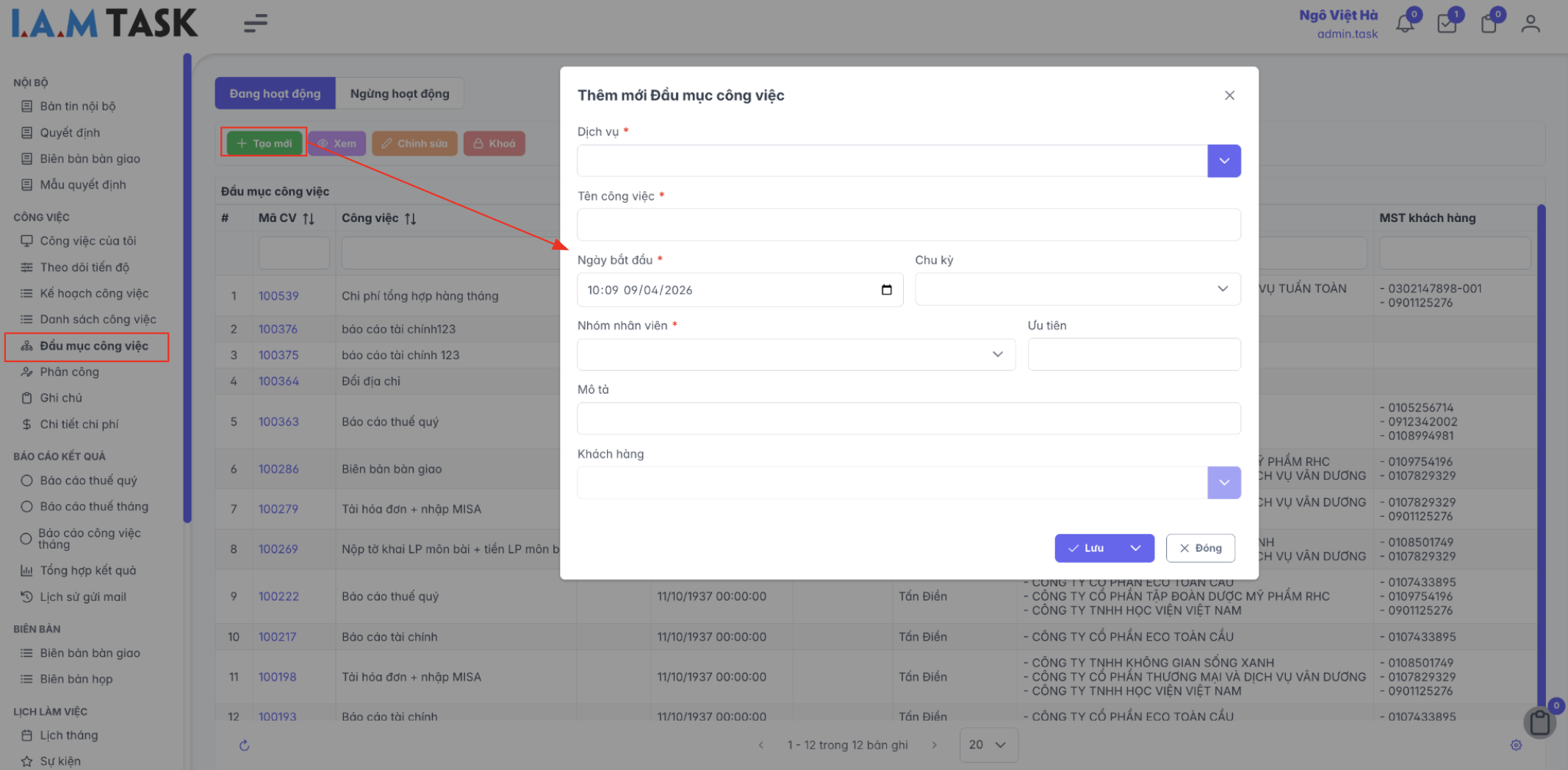 Màn hình thao tác thêm mới đầu mục công việc
