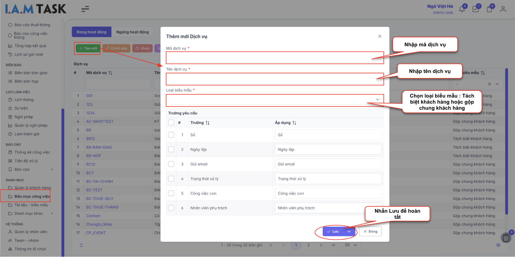 Màn hình thao tác thêm mới dịch vụ