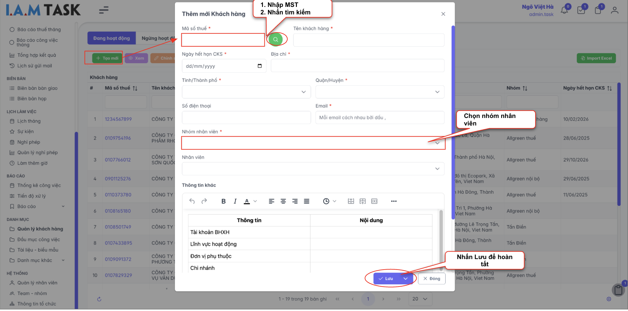 Màn hình thao tác thêm mới khách hàng