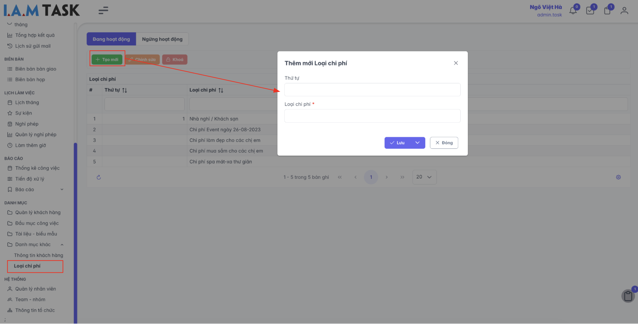 Màn hình thao tác thêm mới loại chi phí