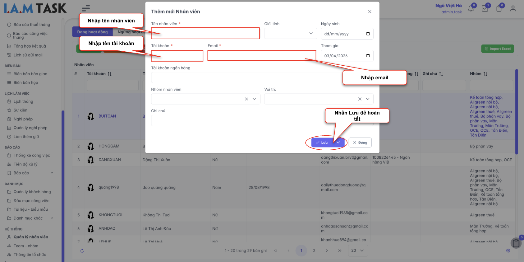 Màn hình thao tác thêm mới nhân viên