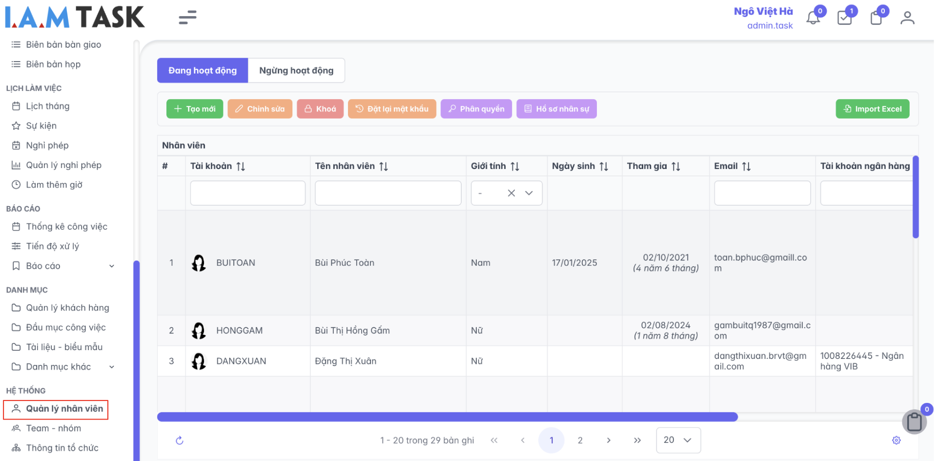 Màn hình danh sách nhân viên