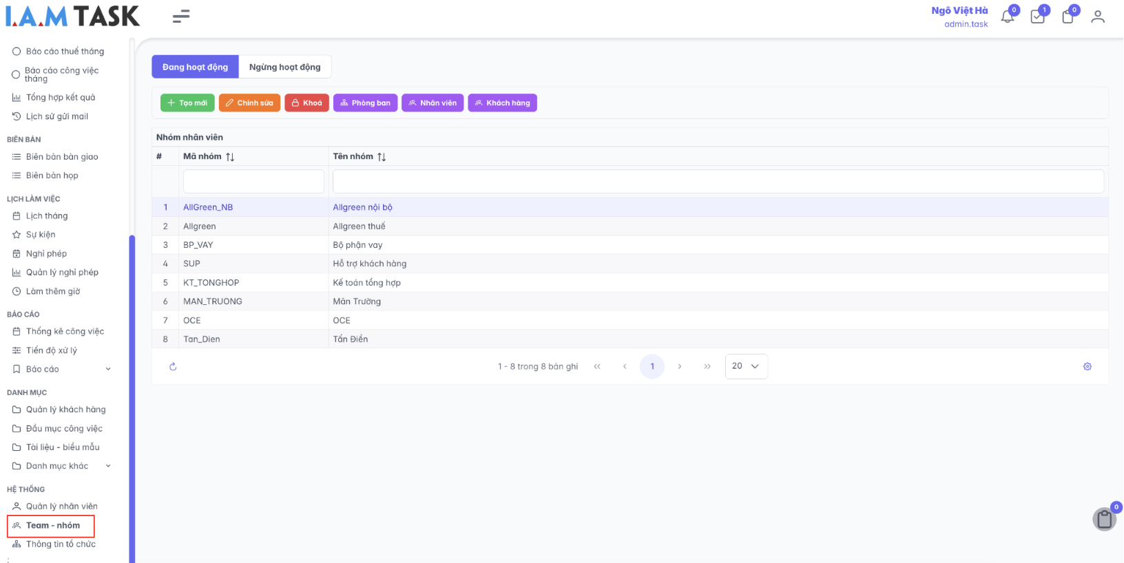 Màn hình danh sách team - nhóm