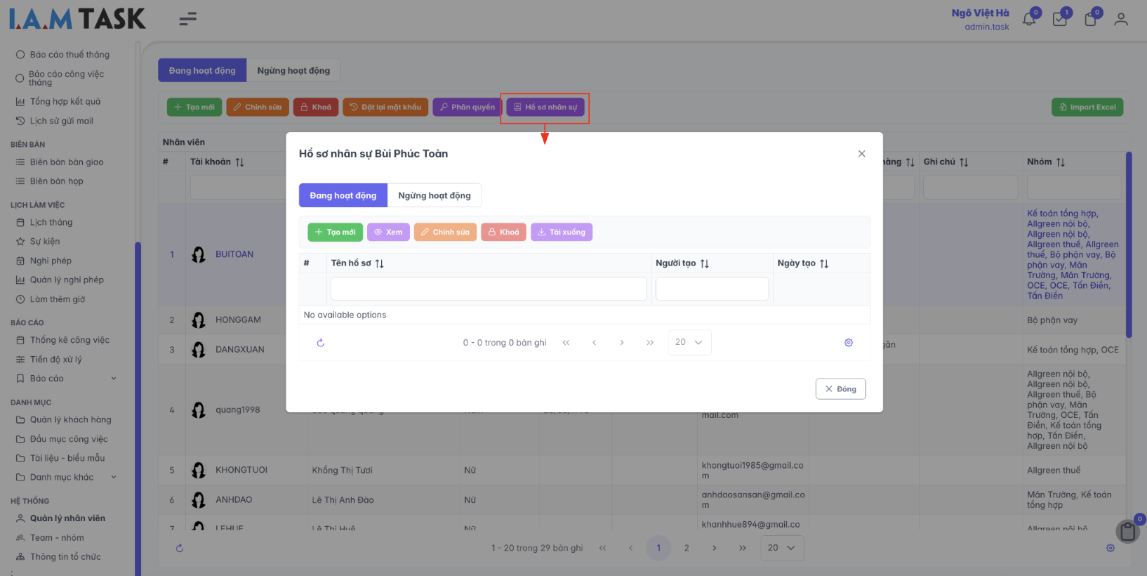 Màn hình thao tác quản lý hồ sơ nhân sự