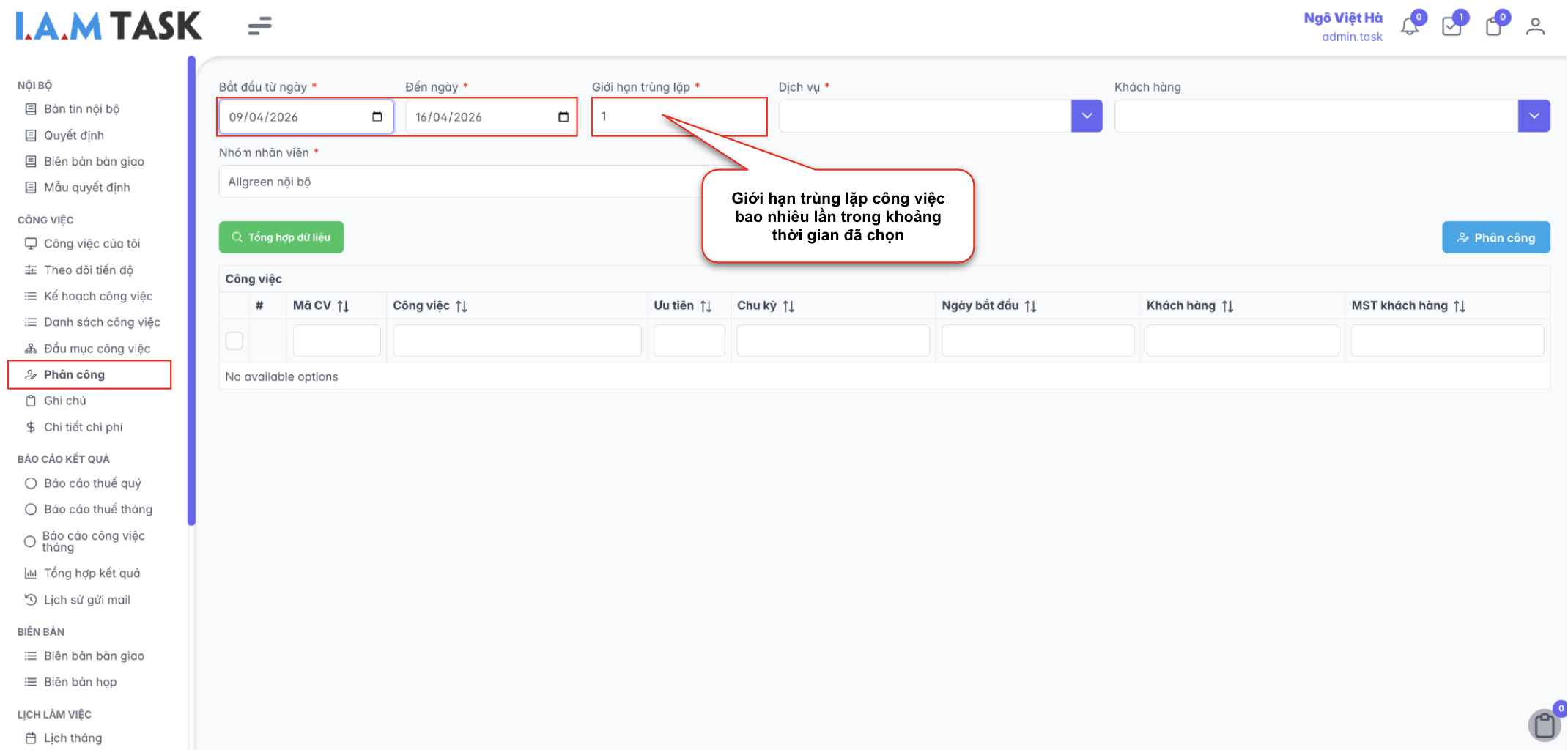 Màn hình thao tác phân công công việc
