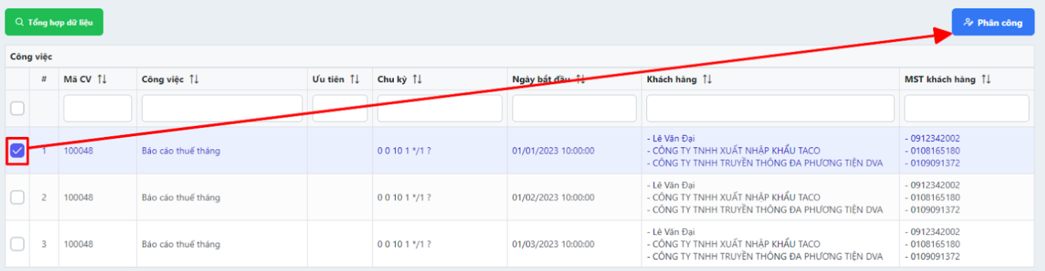 Màn hình thao tác phân công công việc