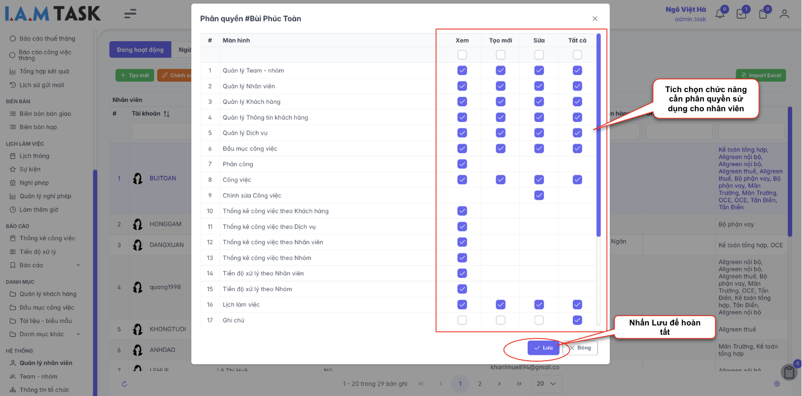 Màn hình thao tác phân quyền cho nhân viên