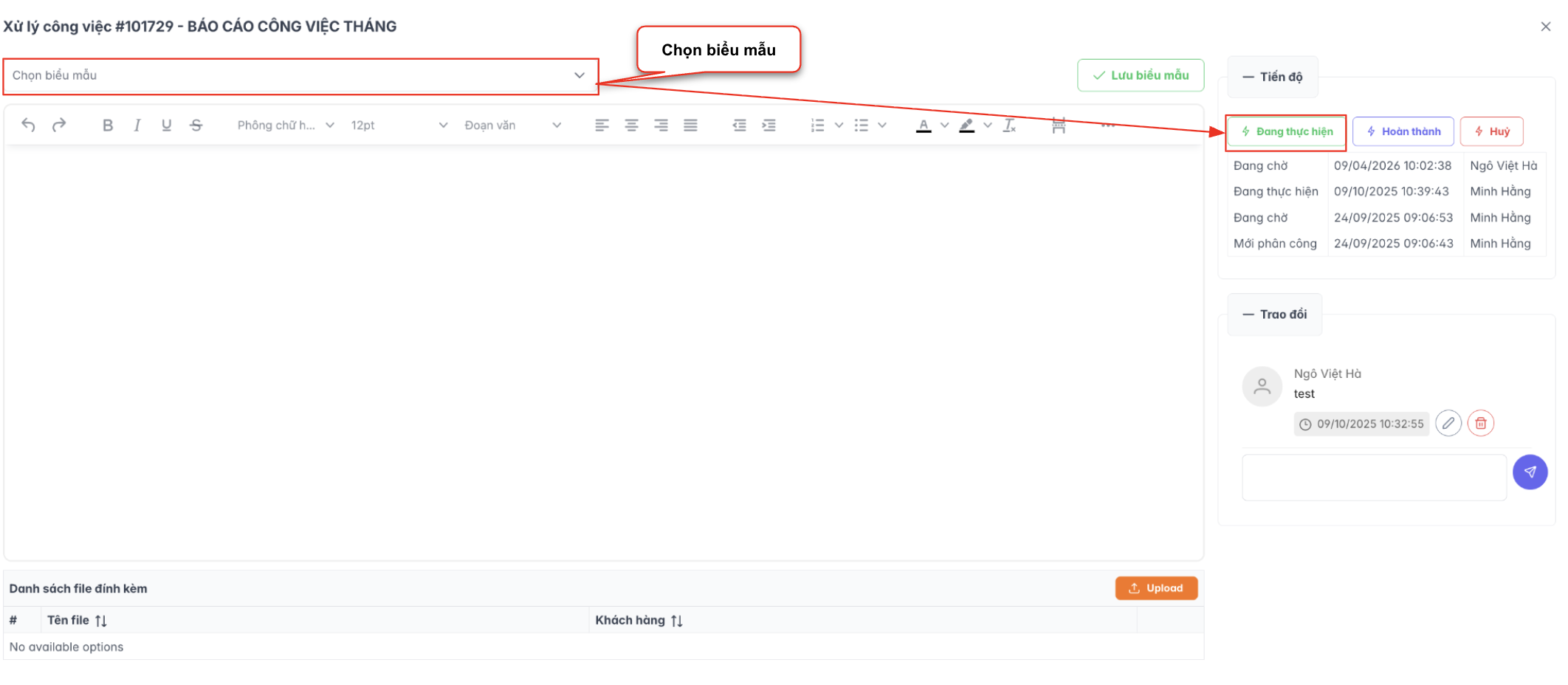Màn hình thao tác xử lý công việc