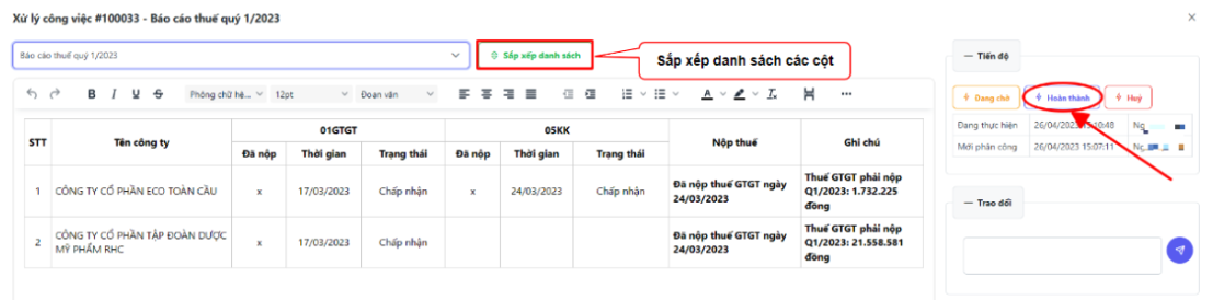 Màn hình thao tác xử lý công việc