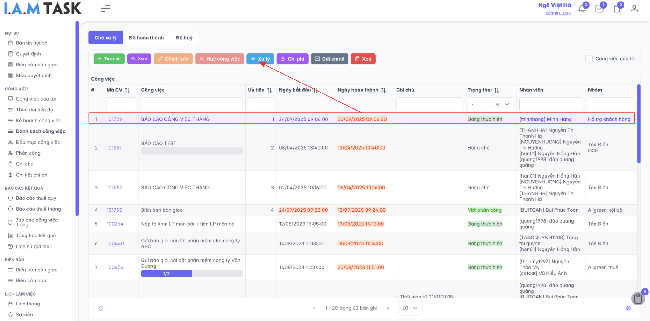 Màn hình thao tác xử lý công việc