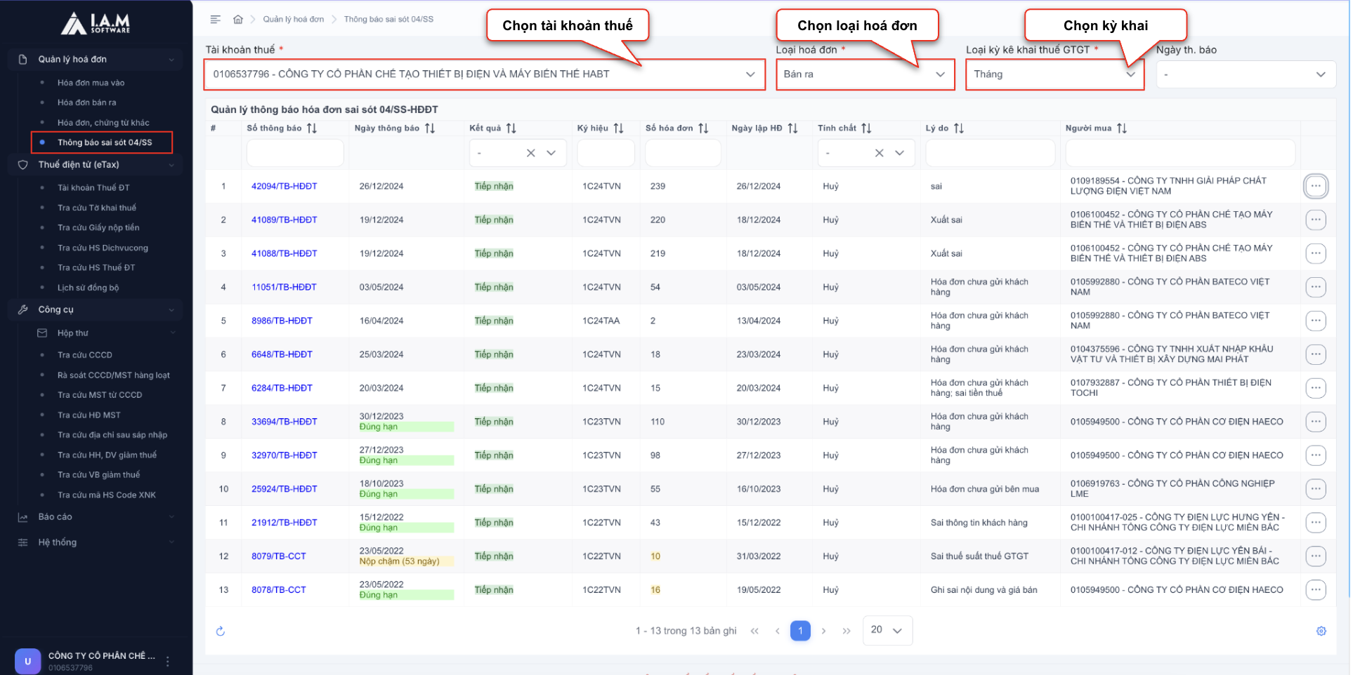 Màn hình danh sách thông báo sai sót 04/SS