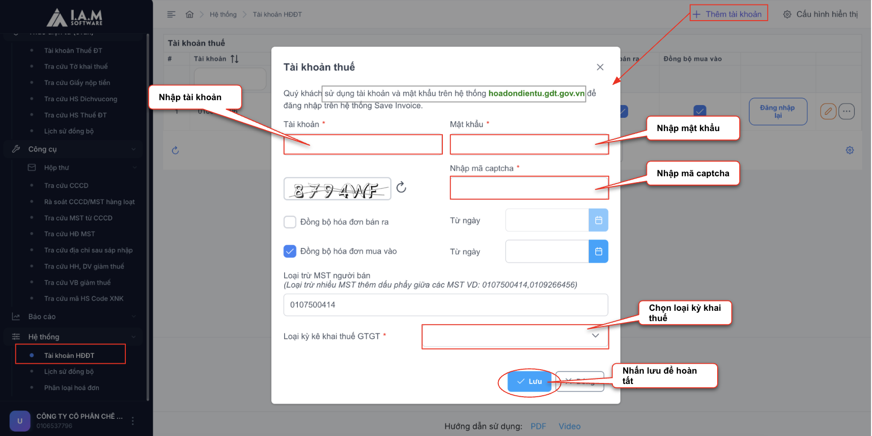 Màn hình thao tác thêm mới tài khoản thuế