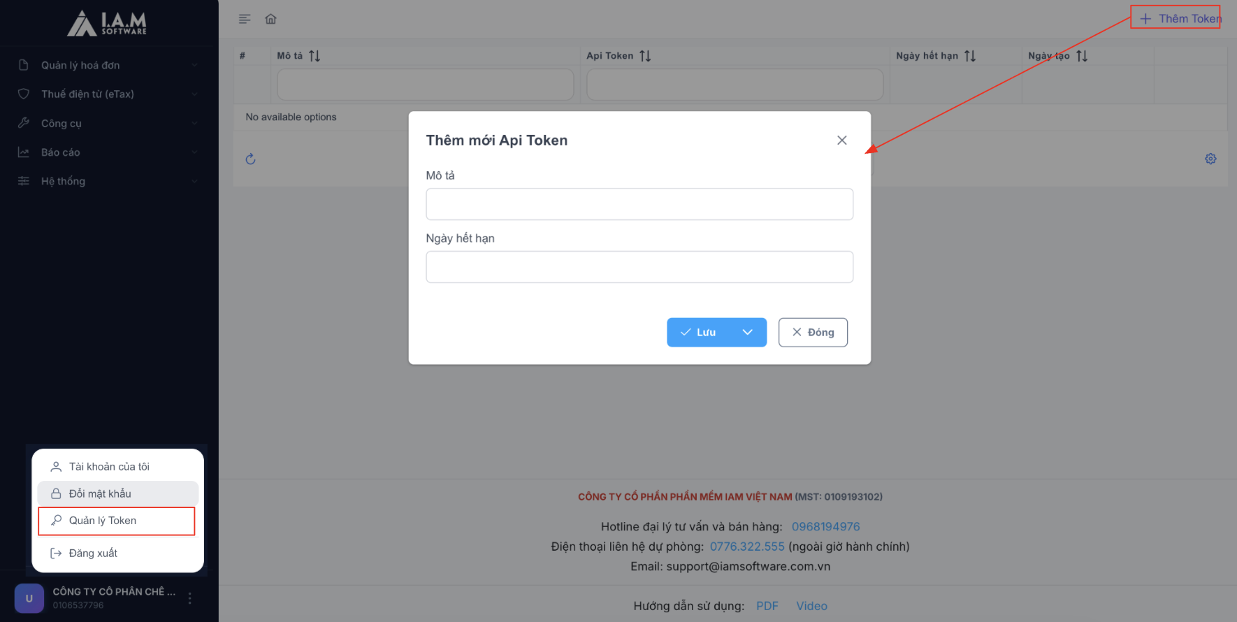 Màn hình thao tác thêm token