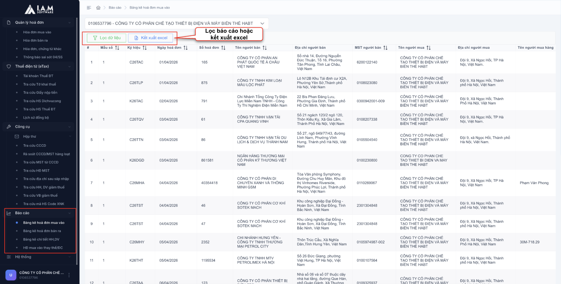 Màn hình báo cáo chi tiết