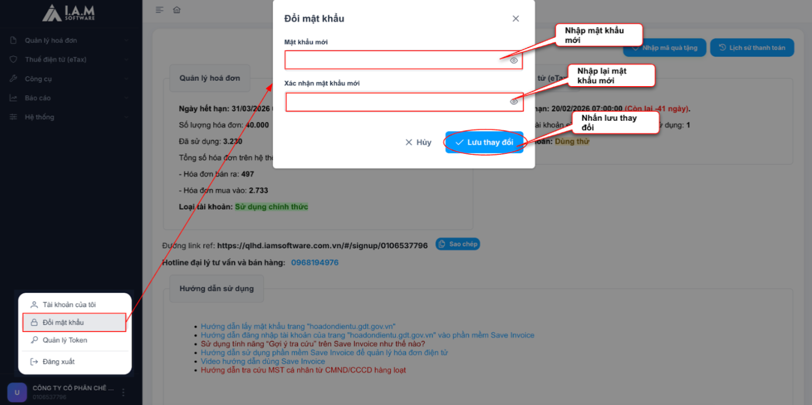 Màn hình thao tác đổi mật khẩu