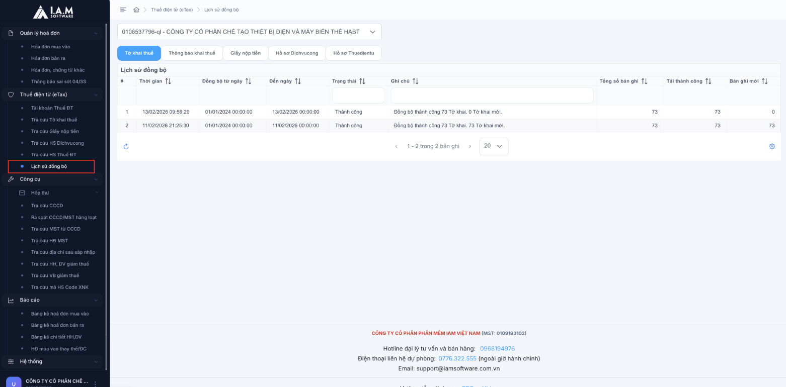 Màn hình danh sách lịch sử đồng bộ