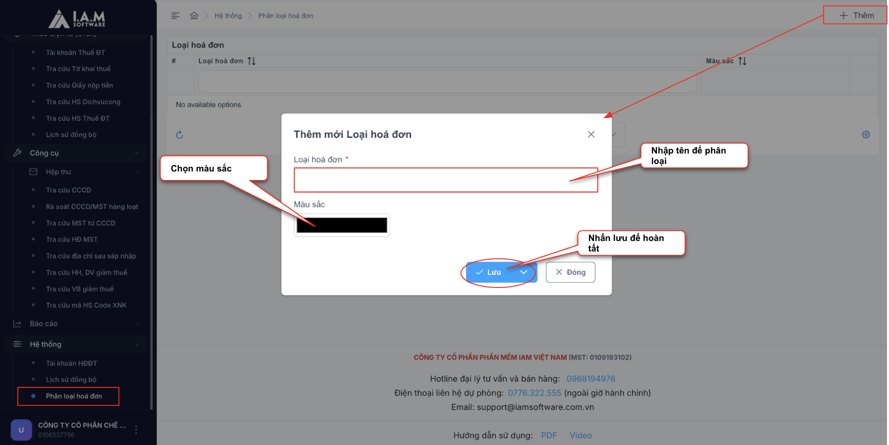 7. Màn hình thao tác thêm mới phân loại hoá đơn
