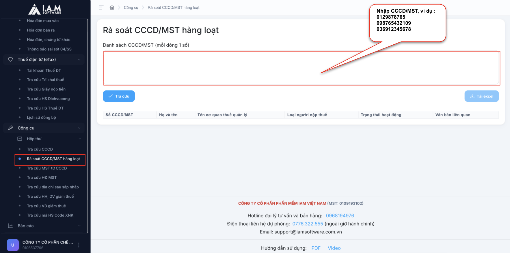 9. Màn hình thao tác rà soát CCCD/MST hàng loạt