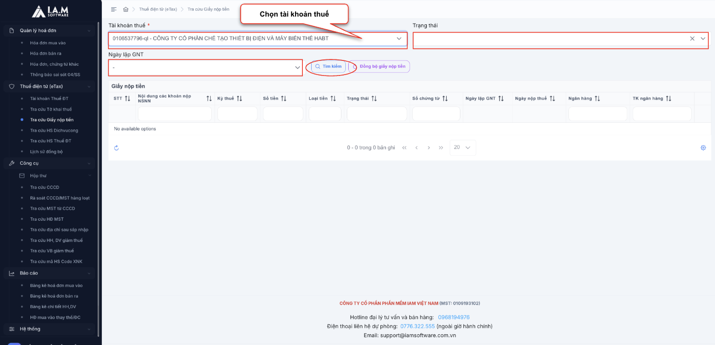 19. Màn hình thao tác tra cứu giấy nộp tiền