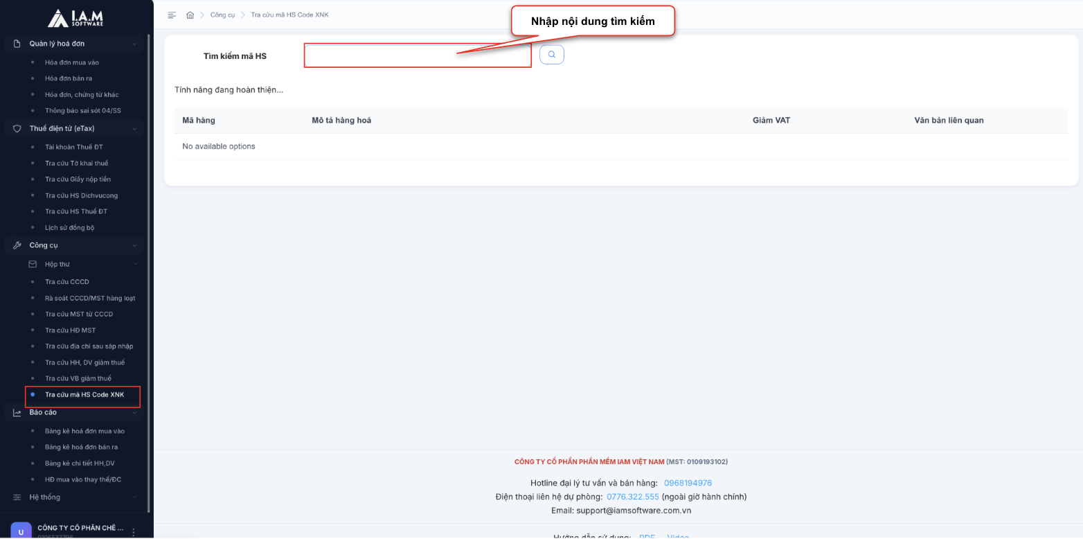15. Màn hình thao tác tra cứu mã HS Code XNK